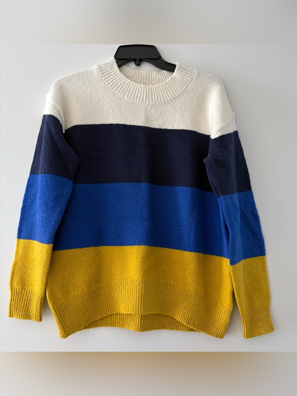 Women’s Old Navy Striped Crewneck Sweater in White, Navy, Blue & Mustard